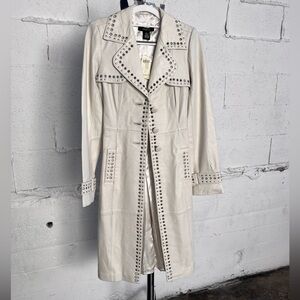 ✨ARDEN B✨ Genuine 100% Leather Coat Jacket Cream White Button Details Tie Waist